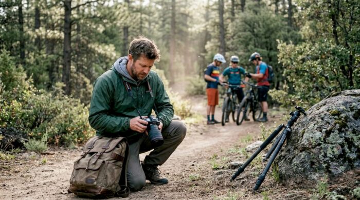 Outdoor photographer working on mountain trail shoot
