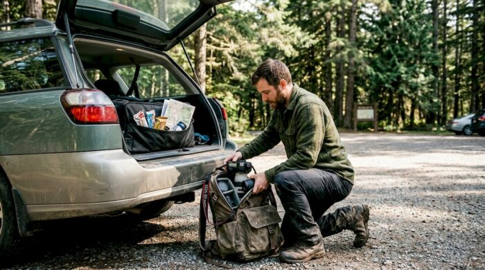 Photographer loading camera bag beside car