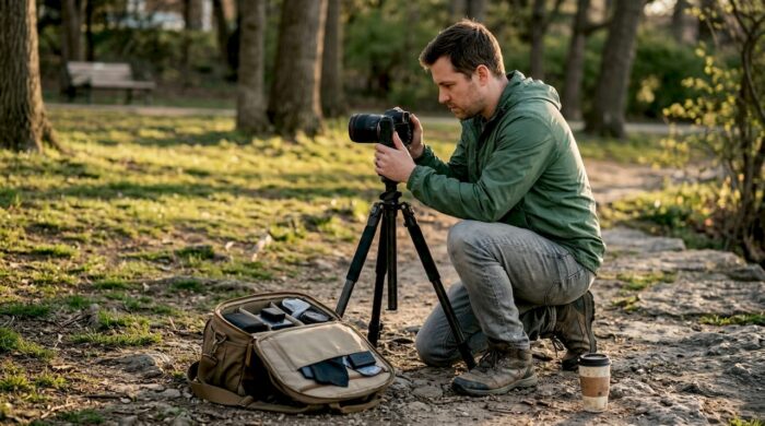 Videographer tweaking camera outdoors on tripod