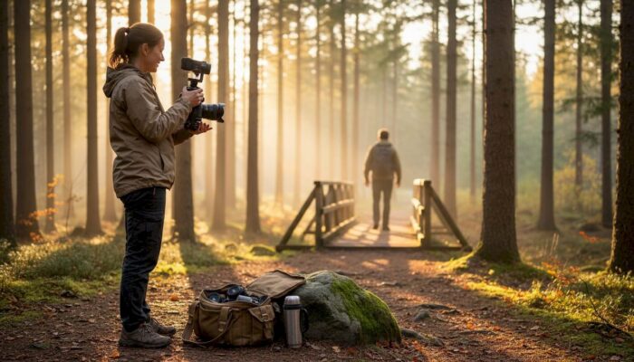 Videographer films hiker on forest trail at sunrise