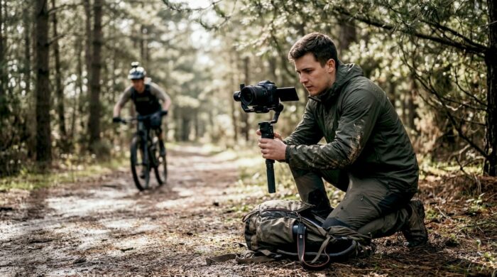 Videographer filming action on mountain trail