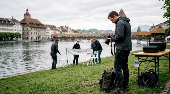 Photographer preparing for event by Reuss River