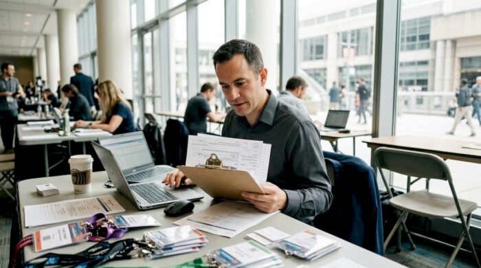 Event manager reviewing accreditation at Davos