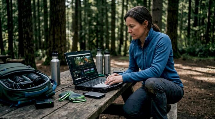 Videographer reviewing outdoor brand footage
