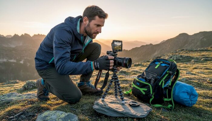 Videographer sets up camera on mountain sunrise