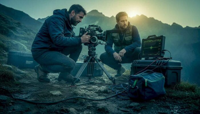 Cinematographer and crew set up camera on mountain