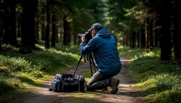 Outdoor photographer preparing camera in forest