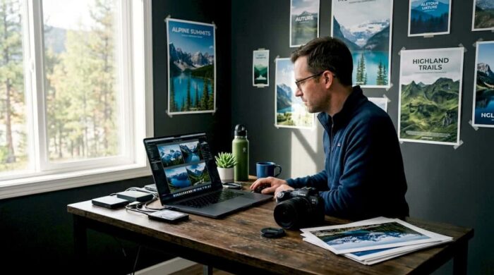 Photographer reviewing tourism images in office