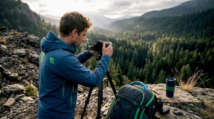Videographer filming outdoors on rocky hillside