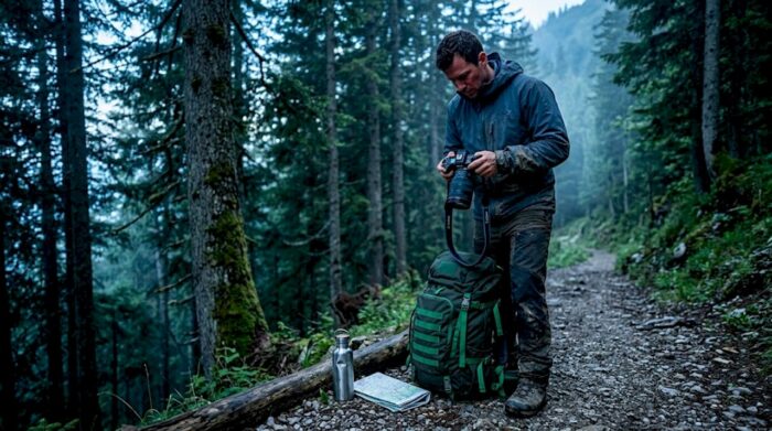 Photographer preparing camera on forest trail