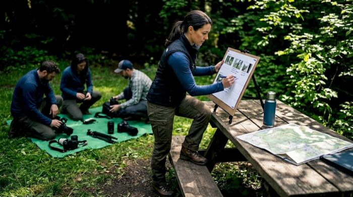 Filmmaking team planning at outdoor picnic table