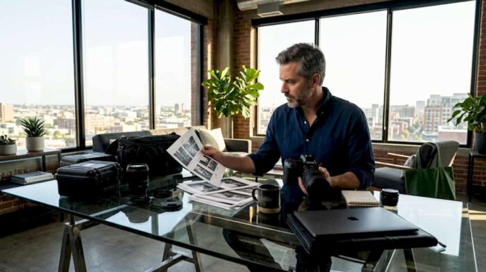 Photographer reviewing work in natural-lit studio