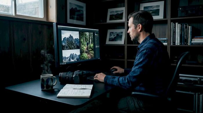 Photographer reviewing portfolio at home desk