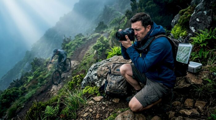 Photographer capturing mountain biker in forest