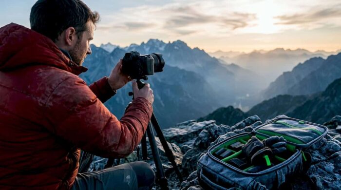 Photographer sets up camera on cold mountain ridge