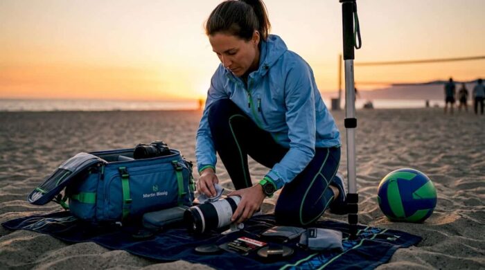 Photographer prepping gear at soccer stadium