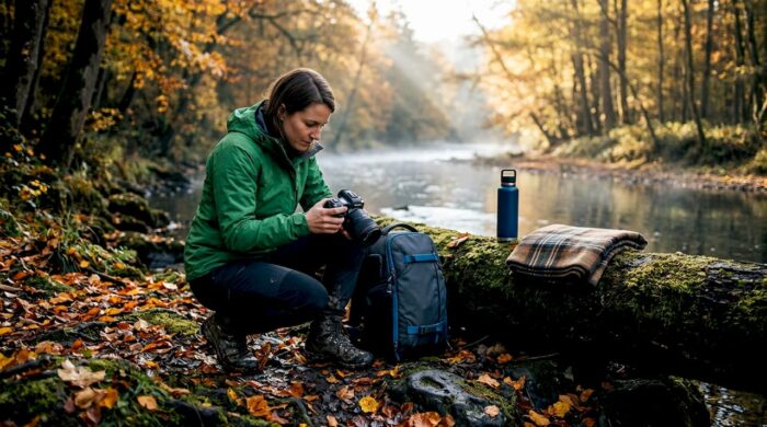 Photographer adjusting camera on leafy park trail