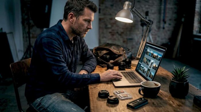 Photographer reviewing work on laptop in studio
