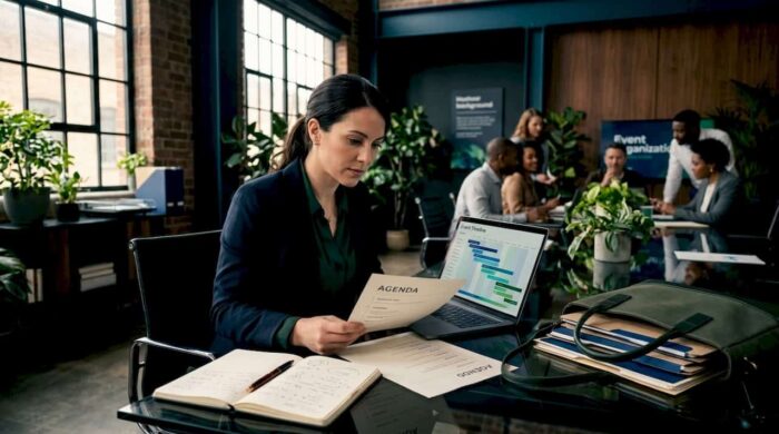 Event organizer reviews agenda at meeting table