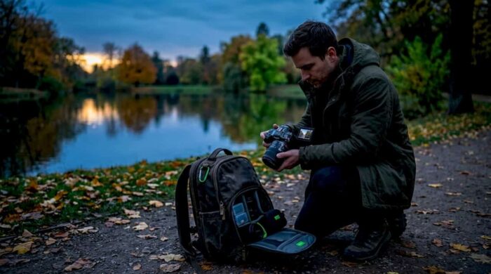 Photojournalist analyzing images on city street