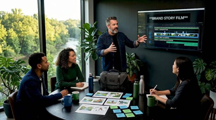 Creative director leads video planning meeting