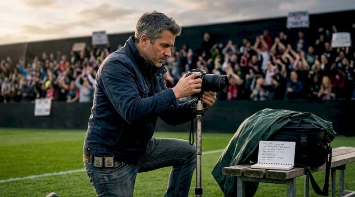 Sports photographer setting up sideline gear