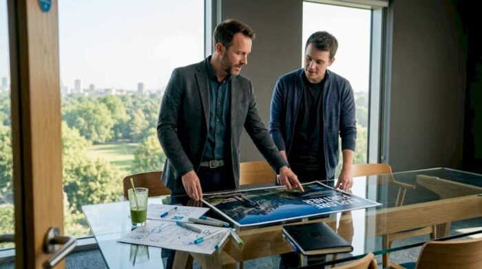 Marketers reviewing outdoor ad by window