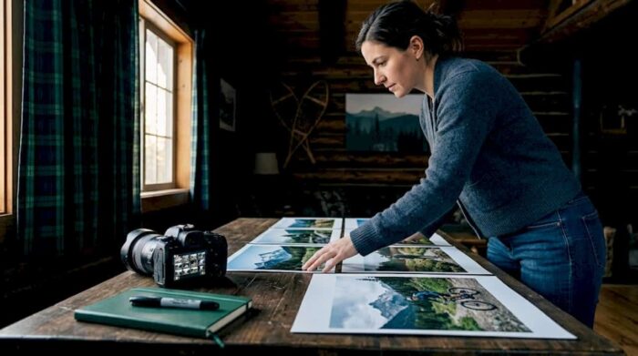 Photographer reviews photo prints at table