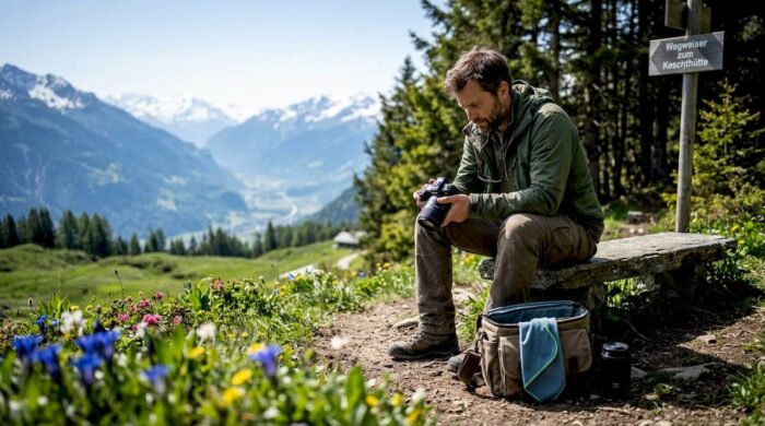 Swiss photographer reviews images in alpine setting