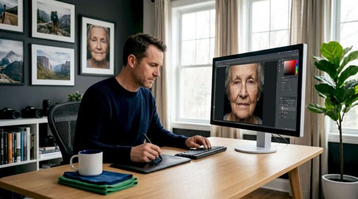 Photographer retouching portrait at home office desk