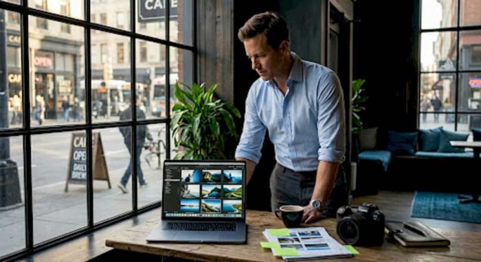Business owner reviews commercial photos in office