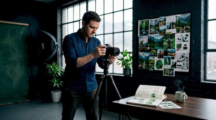 Editorial photographer setting up shoot in studio
