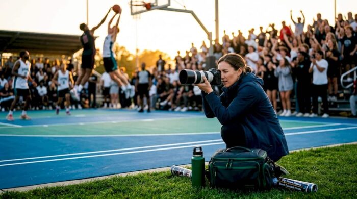 Sports photographer shooting basketball game action