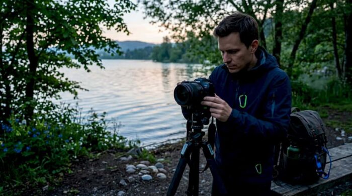 Photographer preparing camera in forest clearing