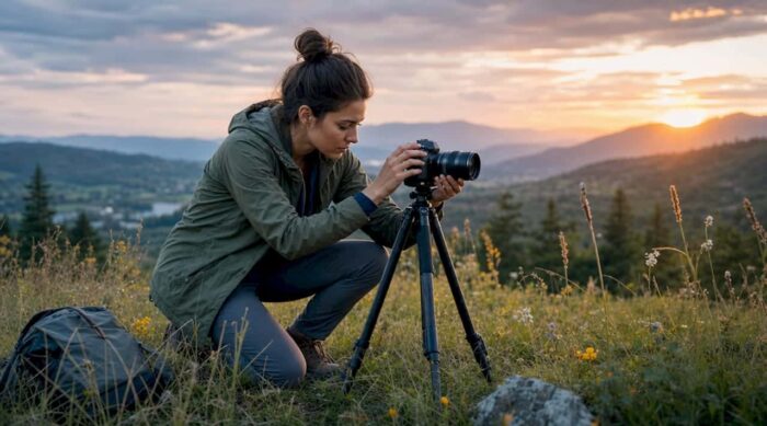 Photographer setting up camera for motion shot