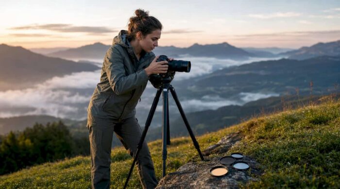 Photographer adjusting camera settings by river