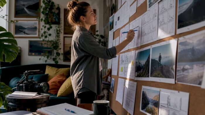 Producer planning video production with storyboards