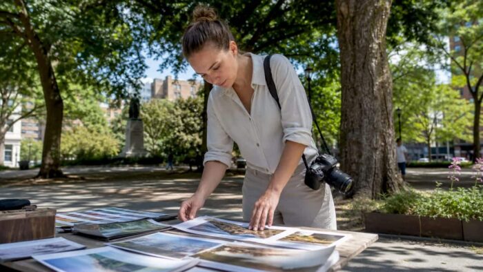 Photographer reviewing printed photos in studio