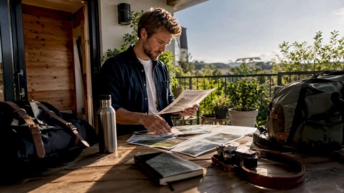 Art director reviewing outdoor brand visuals workflow documents