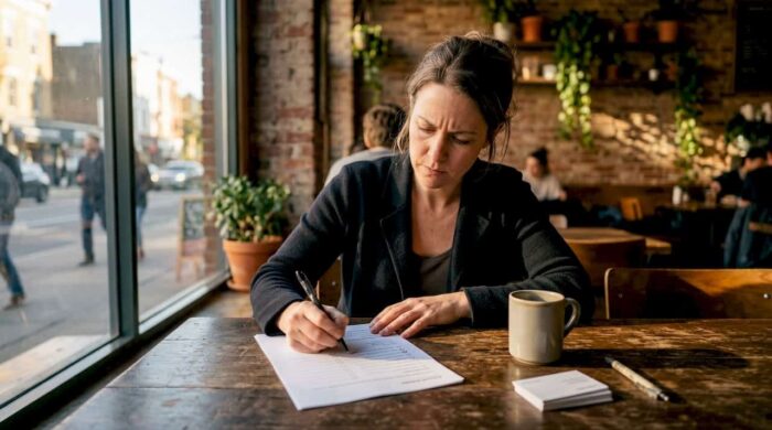 Businesswoman reviewing photography checklist in office
