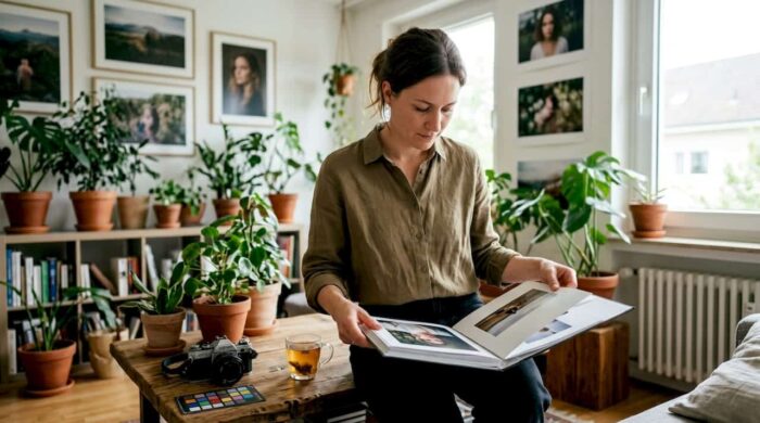 Editorial photographer reviewing printed portfolio