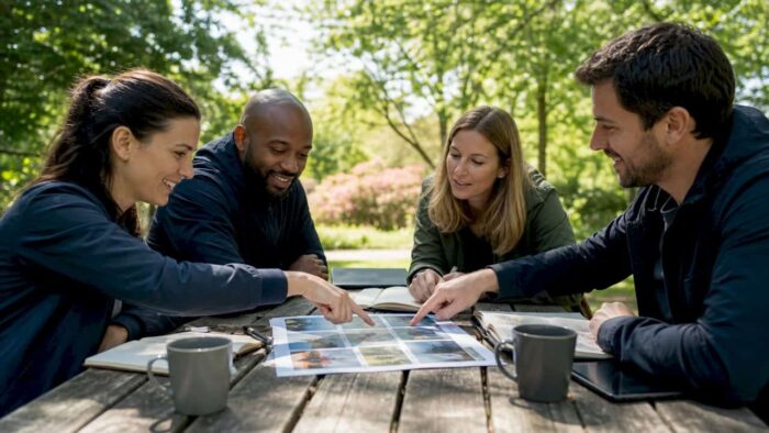 Team reviewing outdoor campaign checklist