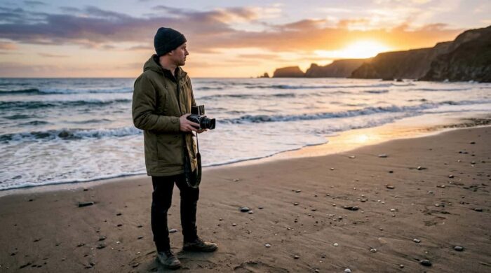 Photographer capturing mountain landscape at sunrise