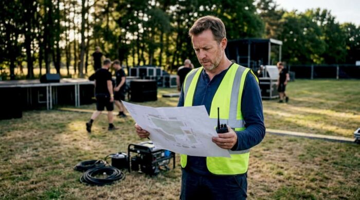 Event manager reviewing site plan outdoors