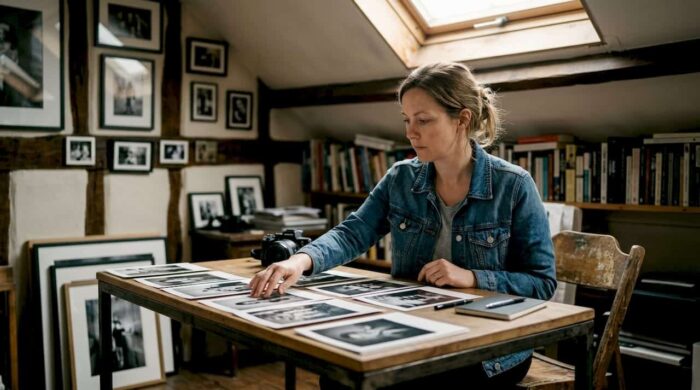 Photographer reviewing photo essay prints at desk