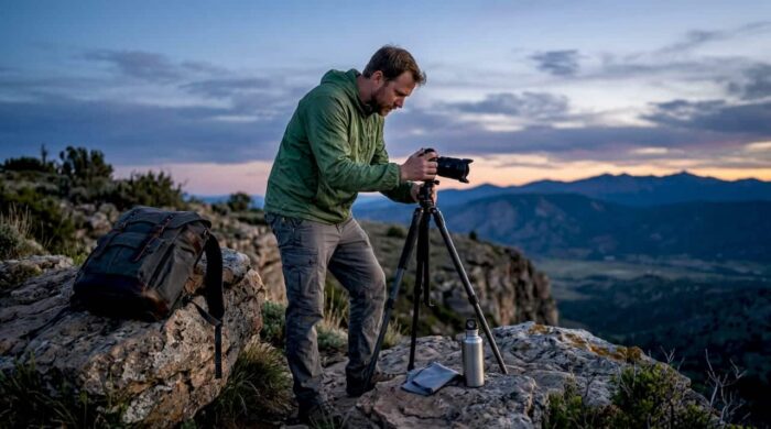 Photographer capturing mountain sunrise outdoors