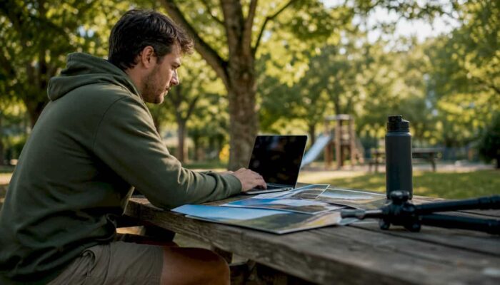 Tourism marketer reviewing video footage at desk