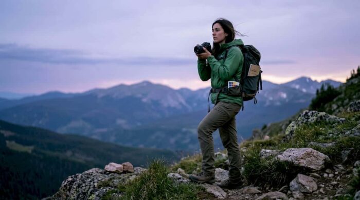 Outdoor marketer preparing camera in forest