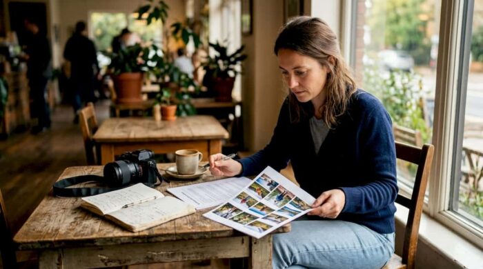 Photographer reviewing photo story pitch materials