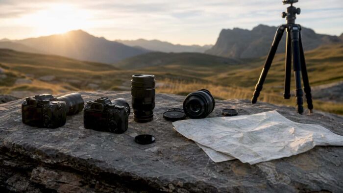 Expedition camera gear laid out on wooden table outdoors